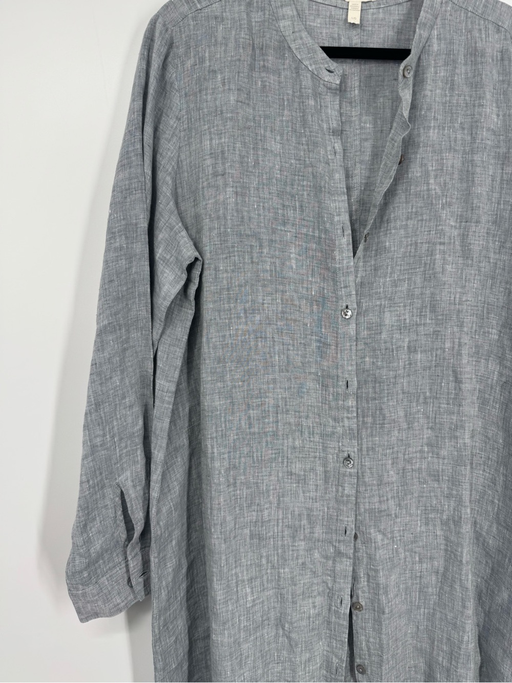 Eileen Fisher Mandarin Collar Organic Linen Shirt Dress Gray High Low Size L - Picture 5 of 14